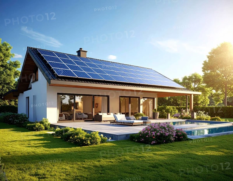 Residential house with solar panels on the roof, beautiful sunrise, AI generated