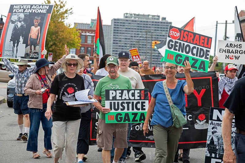 Detroit, Michigan USA - 23 August 2025 - Protesters rally at Eastern Market, banging empty pots to protest starvation in Gaza