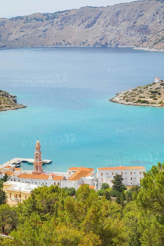Panormitis bay, high angle view, Panormitis, Symi Island, Dodecanese Islands, Greece