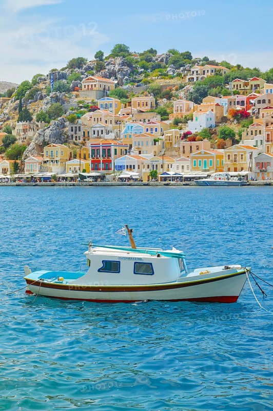 View of Gialos Harbour, Gialos, Symi Island, Dodecanese Islands, Greece