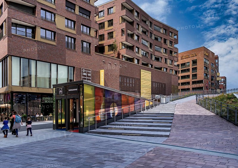 Westfield, access to the bicycle car park and the architecture at the new Hamburg shopping centre, Überseeplatz, Hamburg, Germany
