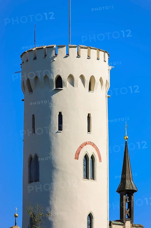 Lichtenstein Castle, fairytale castle of Württemberg, romantic fairytale castle on the eaves of the Swabian Alb, historicism, architecture, new building 1840-1842, according to plans by architect Carl Alexander Heideloff, 19th century, Honau, municipality of Lichtenstein, Baden-Württemberg, Germany