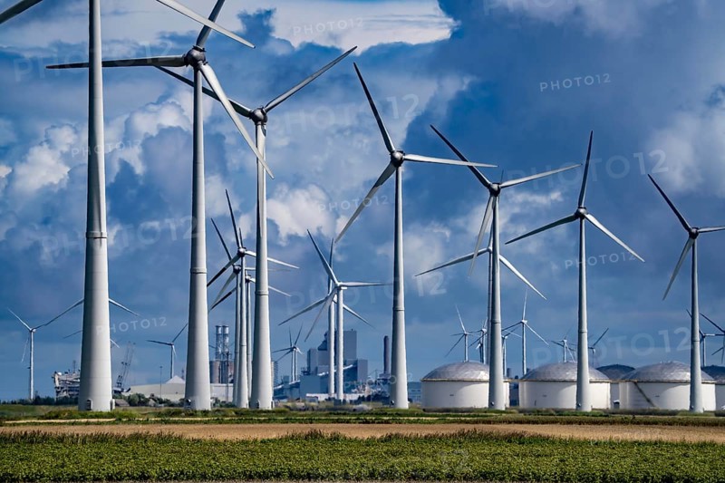Wind farms Westereems and Growind, in the north of the Netherlands, near Eemshaven, energy centre, in addition to wind energy there are coal and gas-fired power plants and various energy infrastructure facilities, Netherlands