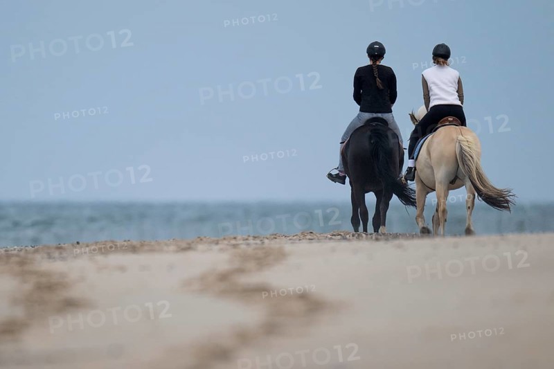 Two riders on the beach, near Hvide Sande, North Sea, Denmark