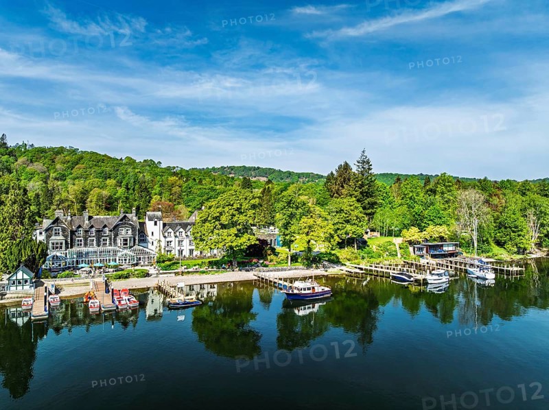 Windermere Lake from drone over Fell Foot Park, Lake District, Cumbria, England, United Kingdom