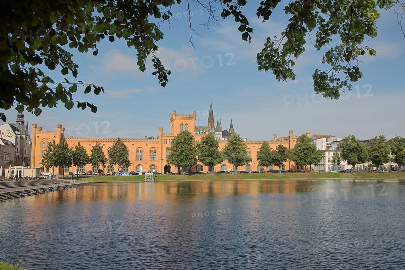Pfaffenteich with arsenal, church tower of St Paul's Church, shore, lake, Schwerin, Mecklenburg-Western Pomerania, Germany