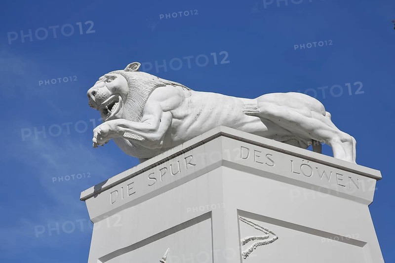 White Lion Monument by Peter Lenk 1996 with inscription Die Spur des Löwen and monument to the city founder Henry the Lion Duke of Saxony, stone sculpture, modern art, city history, free-standing, Am Markt, Schwerin, Mecklenburg-Vorpommern, Germany