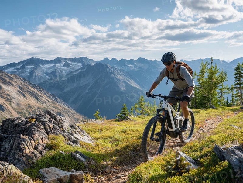 A single mountain biker quickly rides a trail in the high mountains, motion blur, AI generated, AI generated