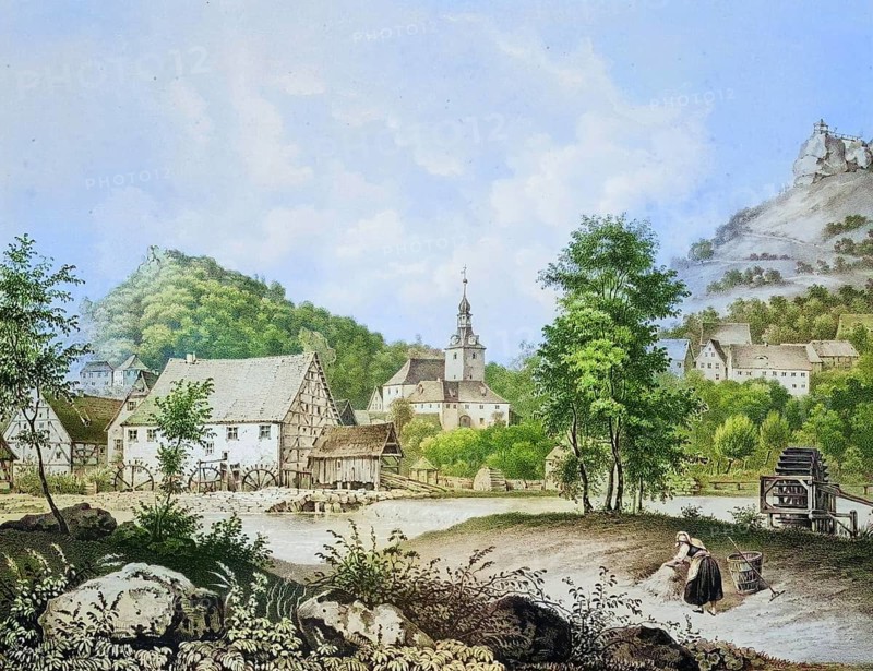Muggendorf, climatic health resort, around 1850, Franconian Switzerland, district of Forchheim, Upper Franconia, Bavaria, Germany, digitally enhanced reproduction from a 19th century original, coloured, historical, exact date unknown