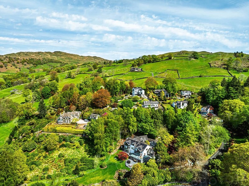 Farms and Fields from a drone, Townend house, Troutbeck, Windermere, Lake District, Cumbria, UK