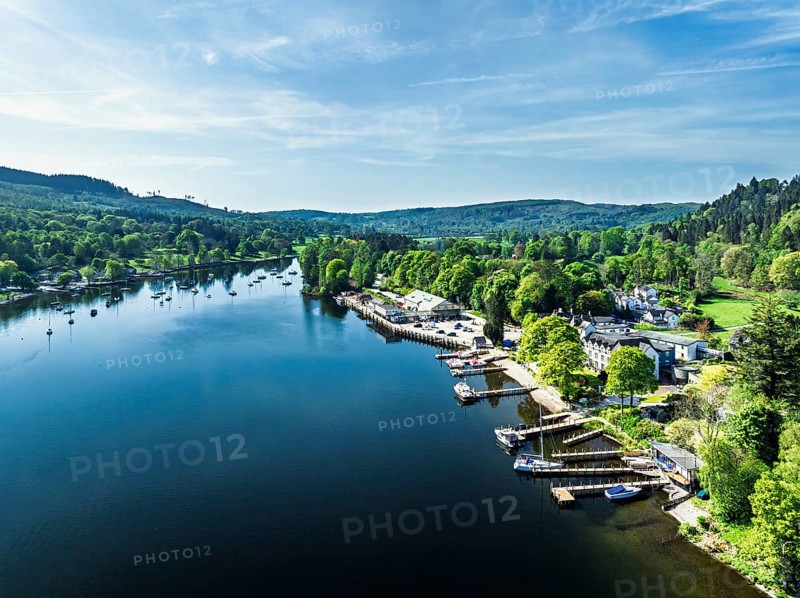 Windermere Lake from drone over Fell Foot Park, Lake District, Cumbria, England, United Kingdom