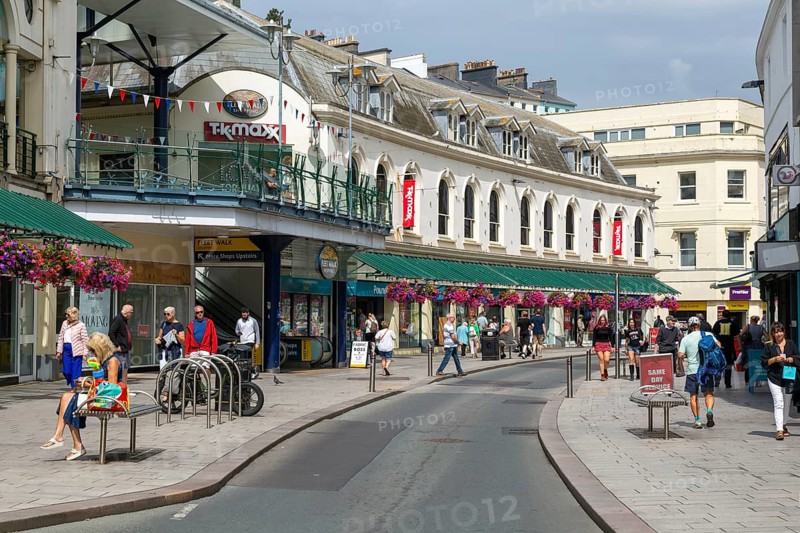 Shops in historic buildings Fleet Street, Torquay, Devon, England, UK
