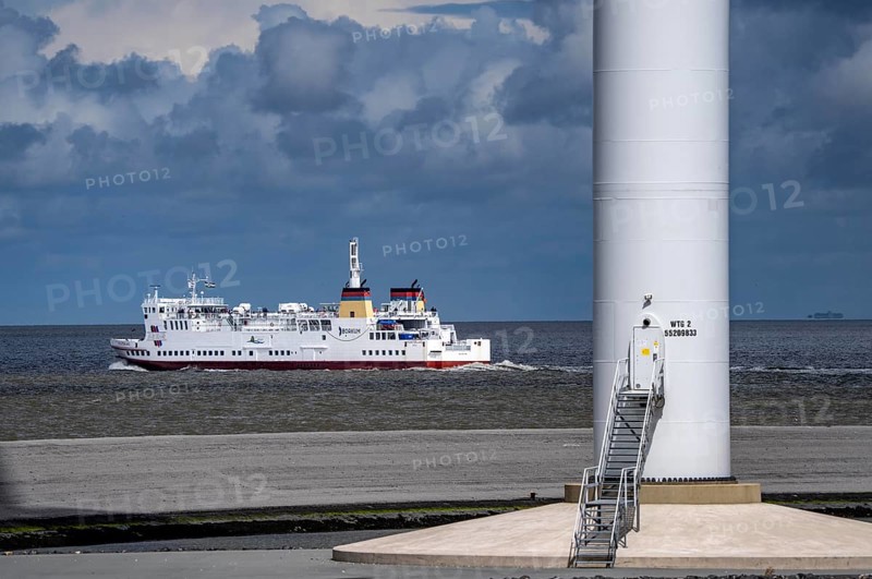 The North Sea car ferry Münsterland, departs from the ferry harbour of Eemshaven, in the Ems estuary, ferry to the German North Sea island of Borkum, by AG Ems Nederland B.V., Borkumlijn, Netherlands