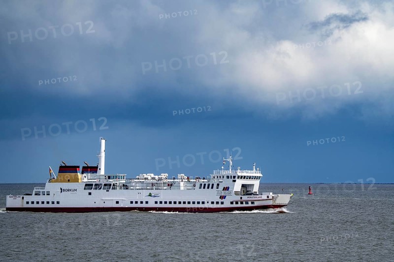 The North Sea car ferry Münsterland, arrives in the ferry harbour of Eemshaven, in the Ems estuary, ferry to the German North Sea island of Borkum, by AG Ems Nederland B.V., Borkumlijn, Netherlands