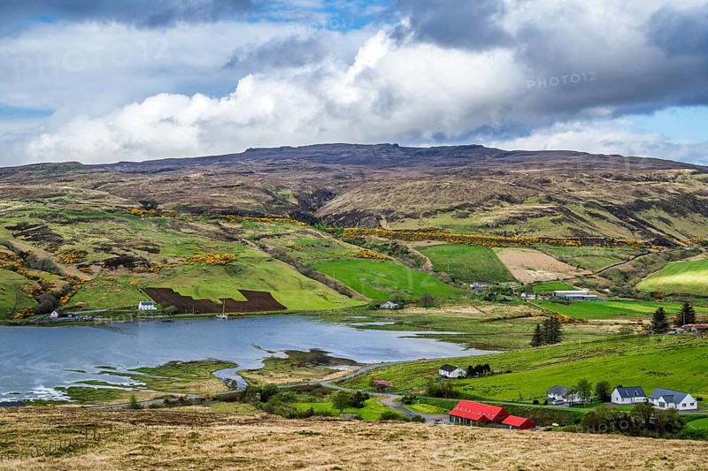 Farms over Loch Harport, Drynoch, Isle of Skye, Scotland, UK