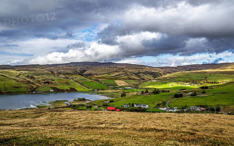 Farms over Loch Harport, Drynoch, Isle of Skye, Scotland, UK