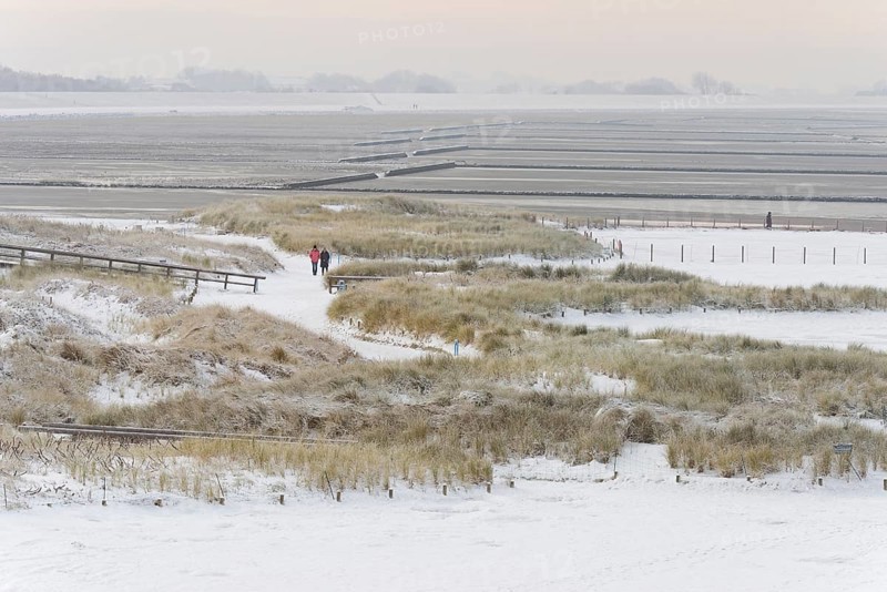 View over the snow-covered dune landscape of Norddeich, Wadden Sea at low tide, North Sea, Lower Saxony, Germany