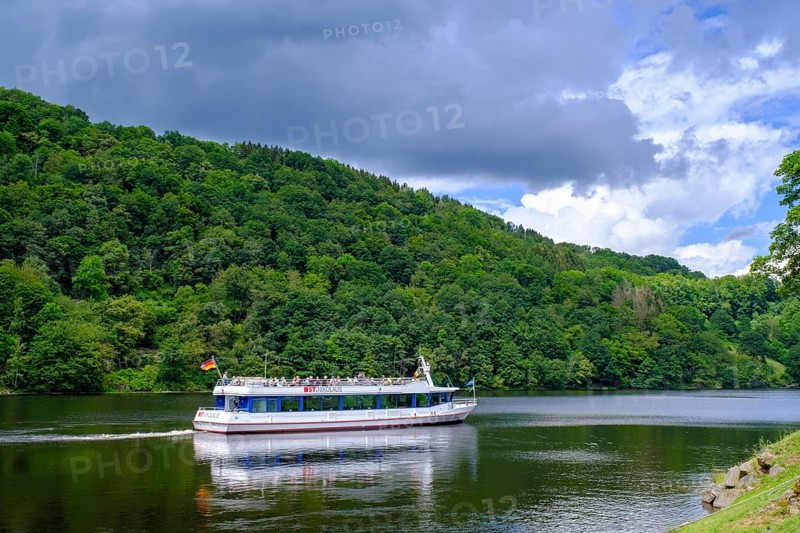Excursion boat on the Rursee, Rursee boat trip, Rur dam, Rur reservoir, Einruhr, North Eifel, Eifel, North Rhine-Westphalia, Germany