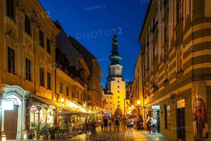 Night shot of St Michael's Gate (Michalská brána) in Bratislava, Slovakia