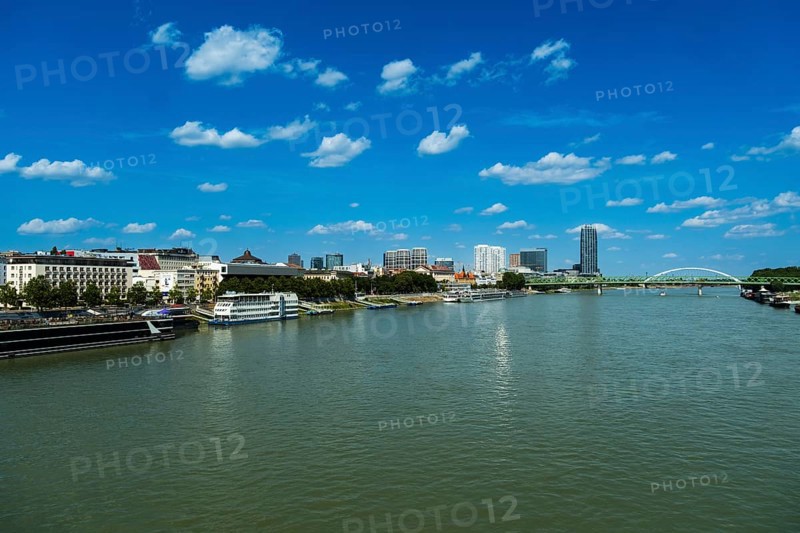 View of the banks of the Danube and the Bratislava skyline from the Bridge of the Slovak National Uprising, Slovakia