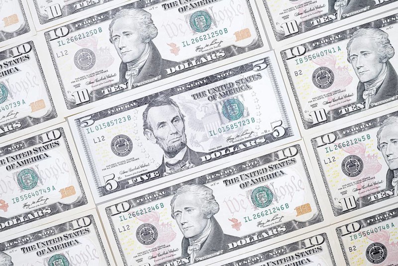 US dollar notes, 10 dollars, 5 dollars, banknotes