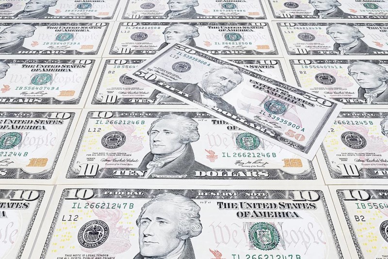 US dollar notes, 10 dollars, 50 dollars, banknotes