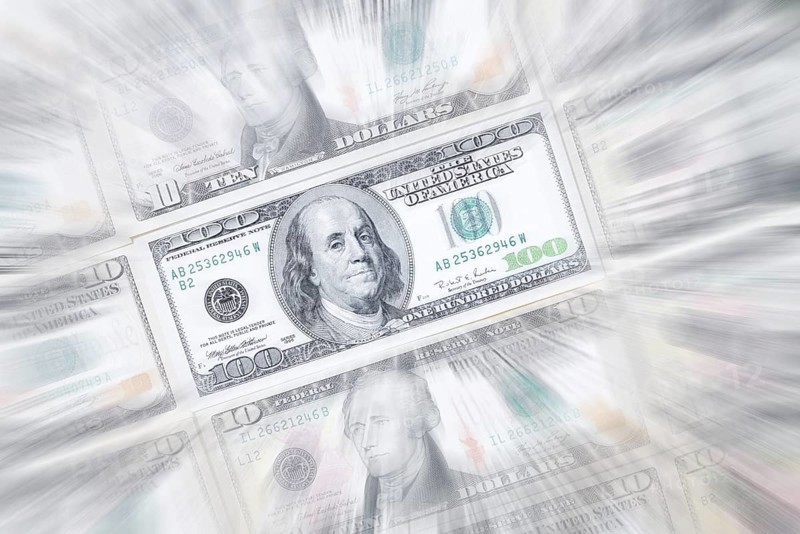 US dollar notes, 10 dollars, 100 dollars, banknotes, zoom effect