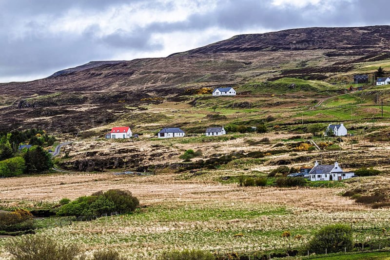 Farms over Loch Harport, Drynoch, Isle of Skye, Scotland, UK