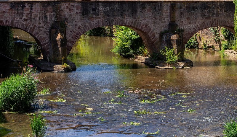The old town centre with the town wall and the Seemenbach stream, Büdingen, Hesse, Germany