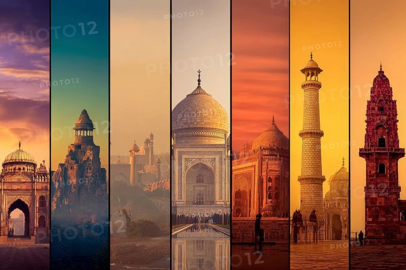 Collage of churches, mosques and hindu temples. Concept of travel and sightseeing, AI generated