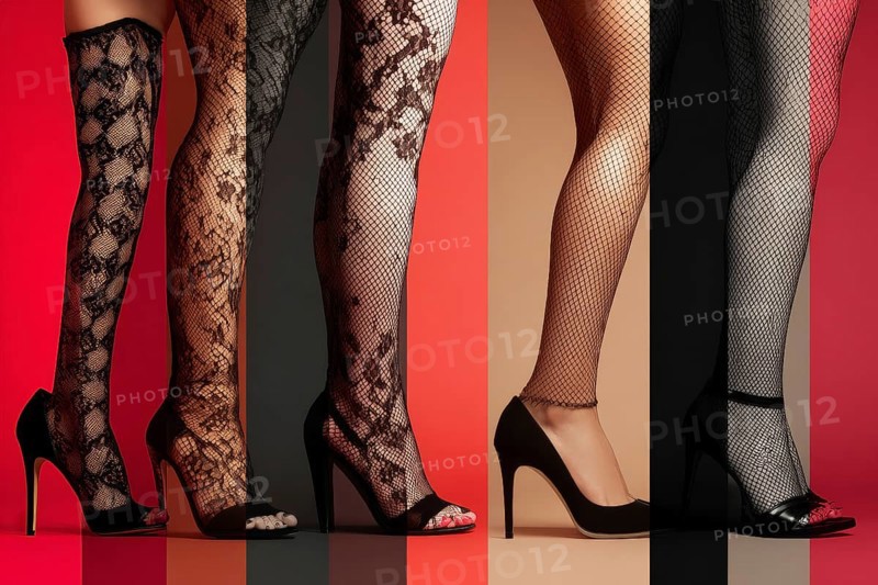 Collage of beautiful women legs in fishnets and high heels, AI generated