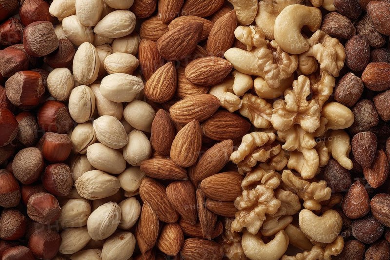 Collage of healthy nuts and legumes that improve heart and digestion health, AI generated