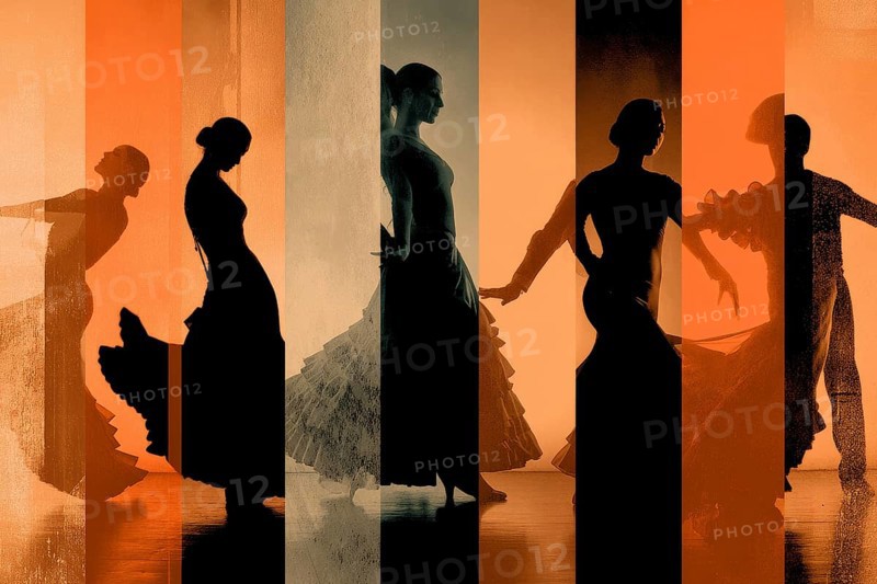 Collage of flamenco dancers. Passionate spanish music, AI generated