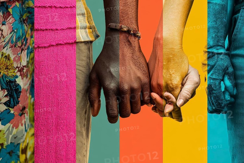 Collage of diverse lovers holding hands together. Concept of love devotion and family values, AI generated