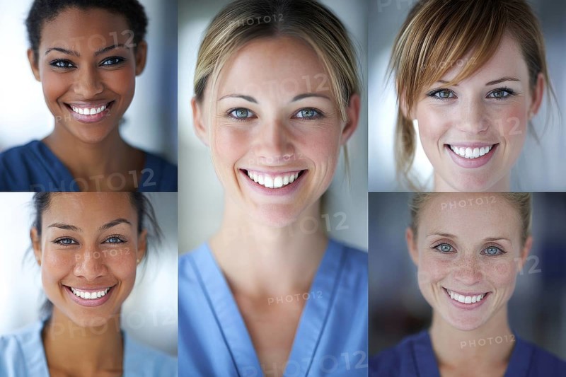 Collage of hospital nurses and medical professionals smiling. Concept of hospitality and excellent service, AI generated