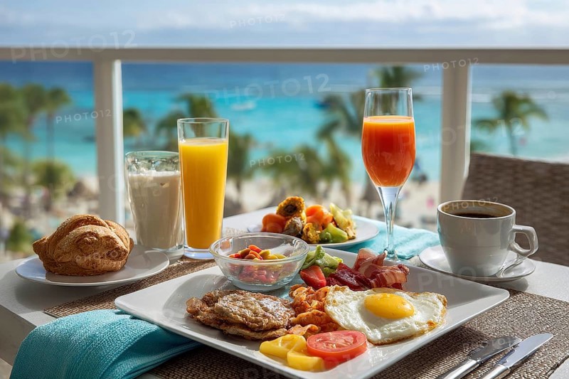 Breakfast in bed on vacation at a luxury hotel room with beautiful ocean view, AI generated
