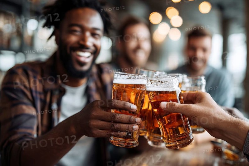 Cheerful man and his friends toast with beer while gathering in bar for the celebration event, AI generated