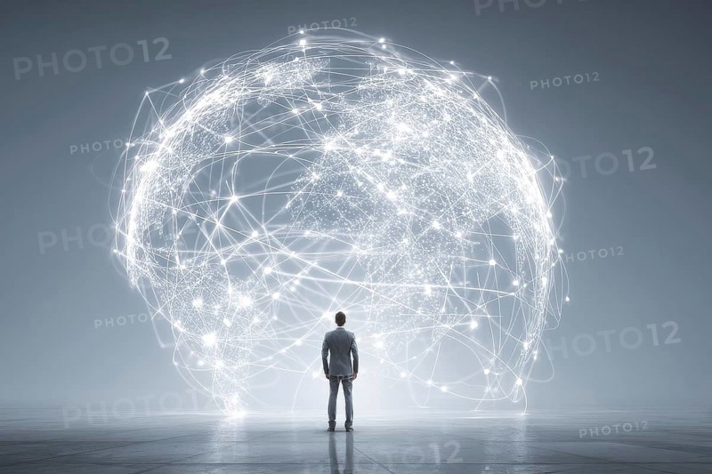Businessman standing in front of the illuminated globe that shows light interconnections over the networked connection, AI generated