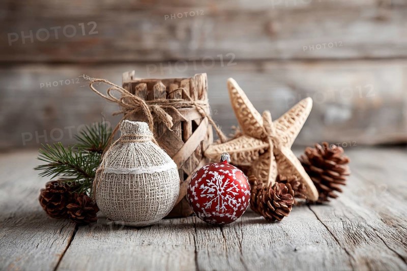 Christmas decoration on wooden background, AI generated