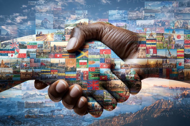 Collage and culture and business cooperation between governments. Shaking hands covered in international country flags, AI generated