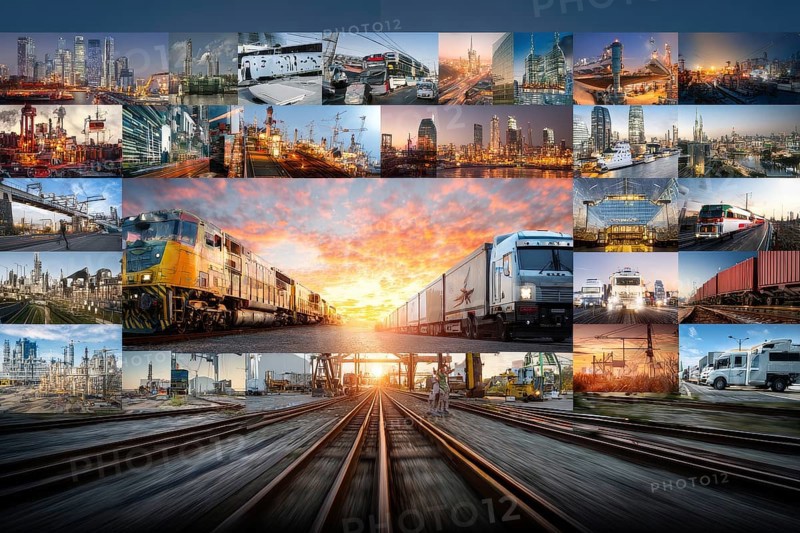 Collage international interconnected transportation businesses.Global trade and commerce of international corporations, AI generated
