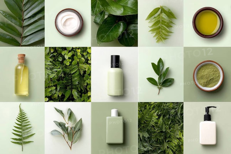 Collage of healthy organic cosmetics and makeup, AI generated