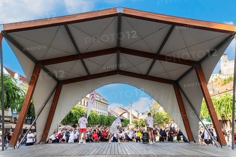 An event by a local fitness centre takes place on a stage on Peace Square, Capital of Culture 2026, Trencín, Slovakia
