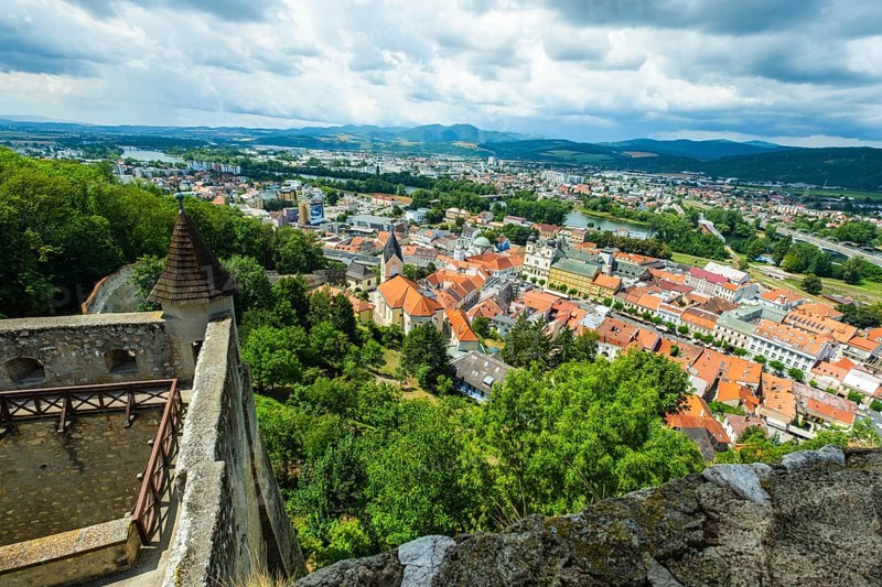 View from the castle of the town of Trencín, the parish church of the Nativity of the Virgin Mary and the Neolog Synagogue as well as the old town centre of Trencin, Capital of Culture 2026, Trencín, Slovakia