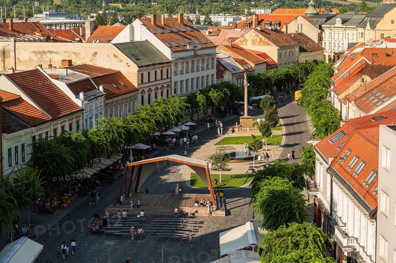 View from the city tower to the old town centre with plague column column, Capital of Culture 2026, Trencín, Slovakia