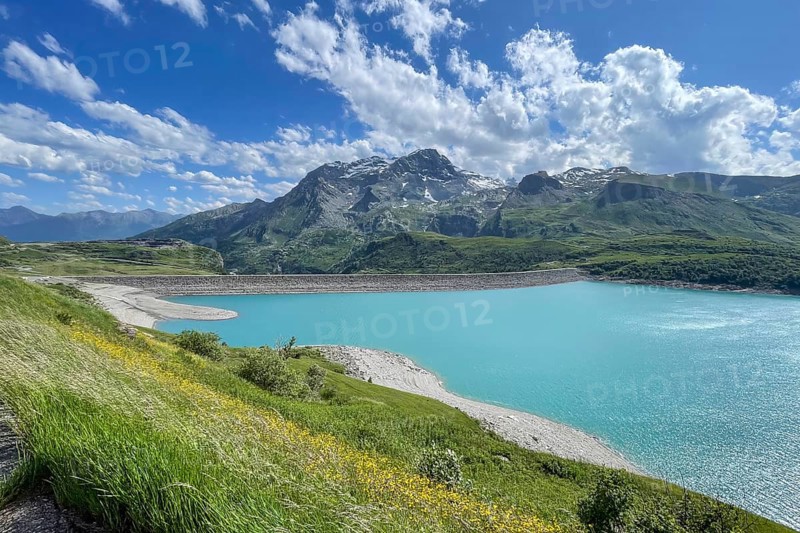 View of barrage dam with 1400 metre crest length in the eastern part southeast of Lac du Mont Cenis, Mont Cenis massif, Massif du Mont-Cenis, Graian Alps, Lanslebourg, Rhone-Alpes, France, built until 1969
