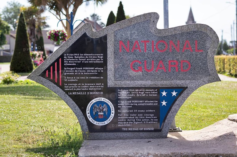 National Guard memorial, memorial to US soldier Sgt. Frank D. Peregory, recipient of the Medal of Honour, Grandcamp-Maisy, D-Day, Operation Overlord, Normandy, Calvados, France
