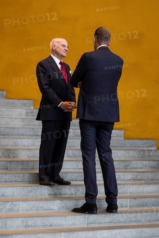 Henry Kravis (co-owner of investment company KKR) and Mathias Döpfner (CEO of Axel Springer SE) after the Made for Germany investment summit at the Federal Chancellery. The investment summit aims to strengthen Germany as a business location, with representatives from a total of 61 German companies meeting with Chancellor Merz. Berlin, 21 July 2025