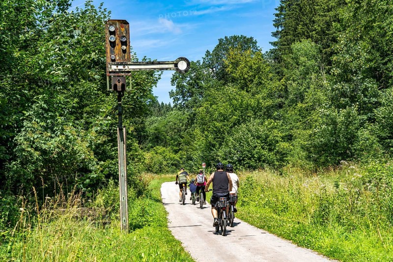 Sauerlandring cycle path, an 84 km long circular cycle path between the towns of Finnentrop, Eslohe, Schmallenberg and Lennestadt, mostly on former railway lines, here near Finnentrop-Serkenrode, old signalling systems, Sauerland, North Rhine-Westphalia, Germany