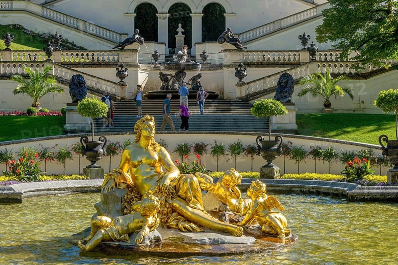 Basin, water basin with flora fountain in gold, palace park of Linderhof Palace, Neo Rococo, UNESCO World Heritage Site, Ettal, Unterammergau, Garmisch-Partenkirchen, Upper Bavaria, Bavaria, Germany
